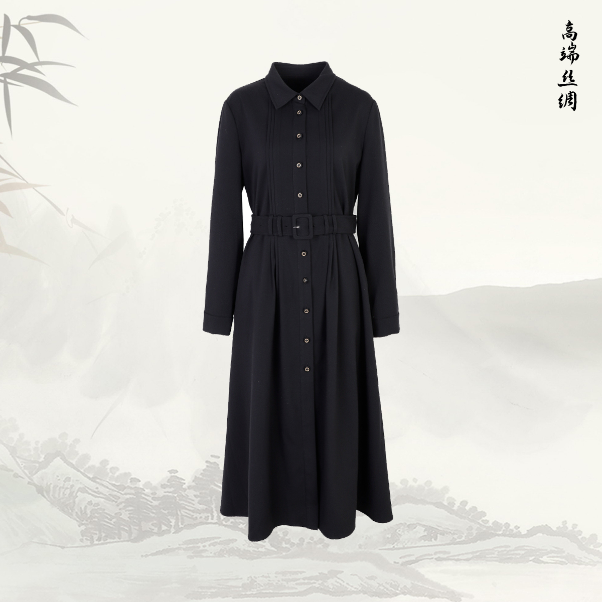 秋冬百搭翻领系扣压褶长袖连衣裙优雅黑色系带收腰长裙33937