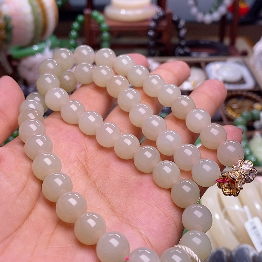 和田玉清货价老矿料熟藕粉妈妈链10m未镶嵌