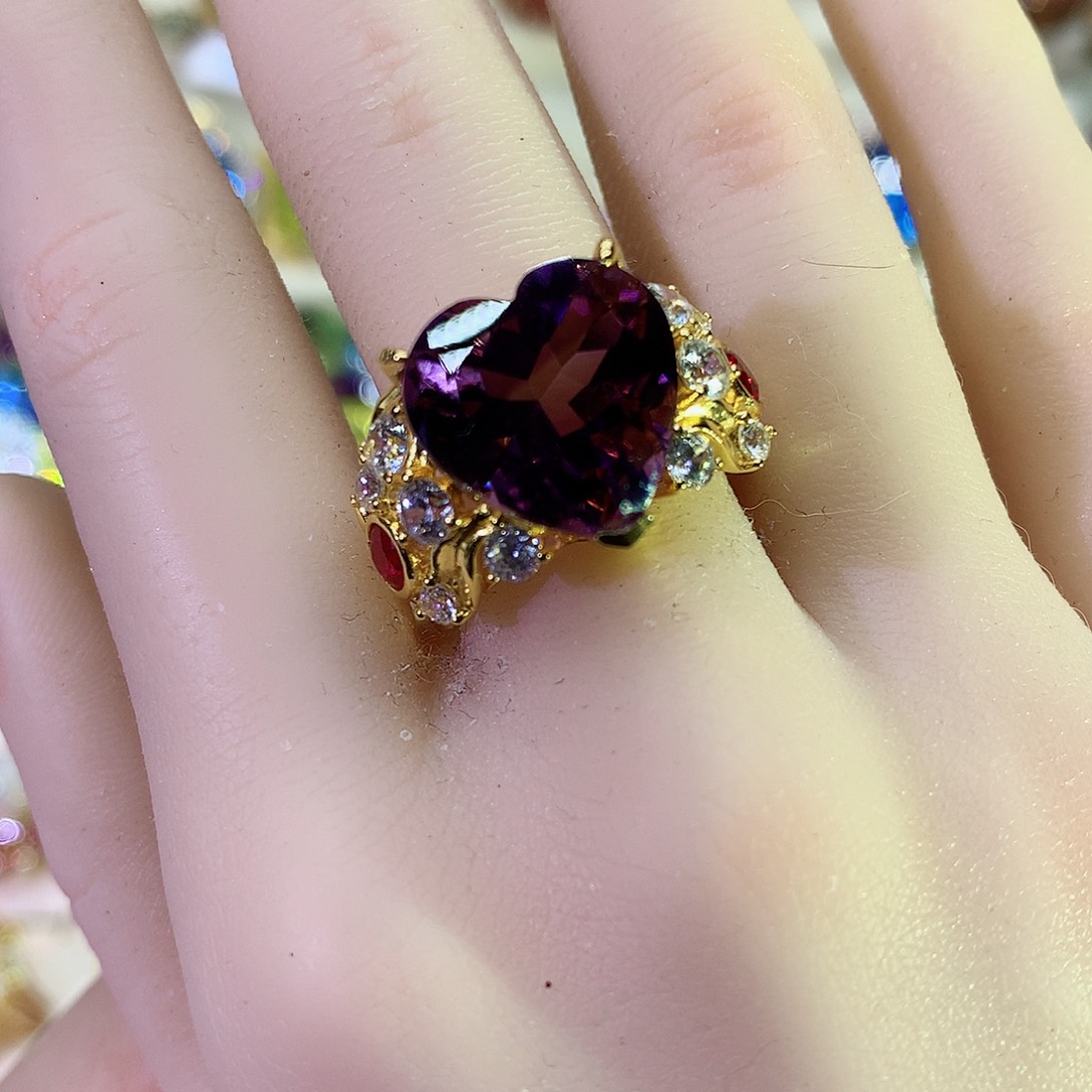 紫晶戒指银S925镀金镶嵌