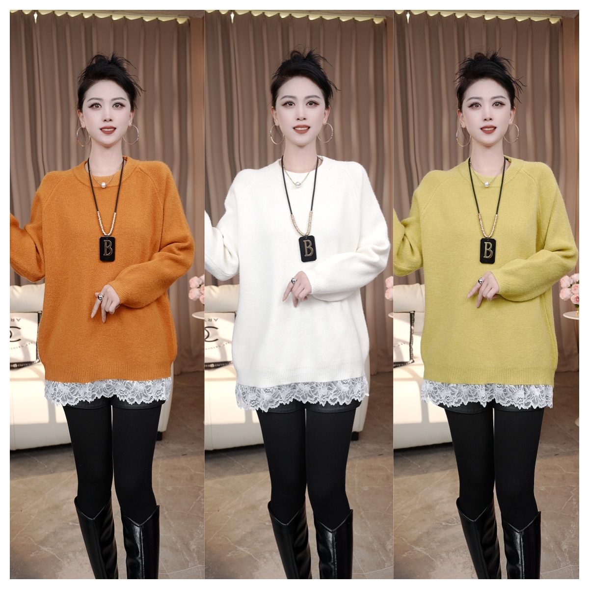 2025冬季新款时尚优雅下摆拼接花边休闲版长袖中长显瘦针织衫女