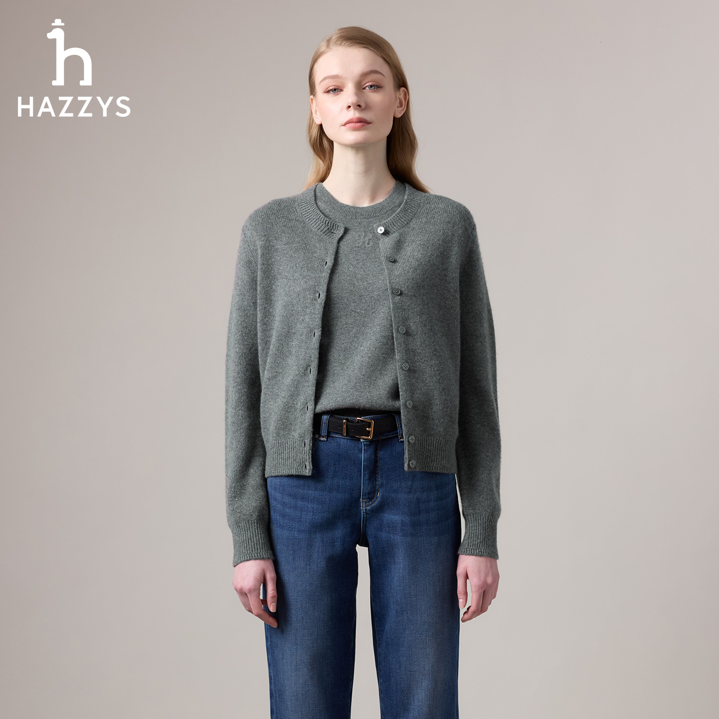 【商场同款】HAZZYS哈吉斯秋季女士休闲羊绒衫百搭气质毛衣针织开衫