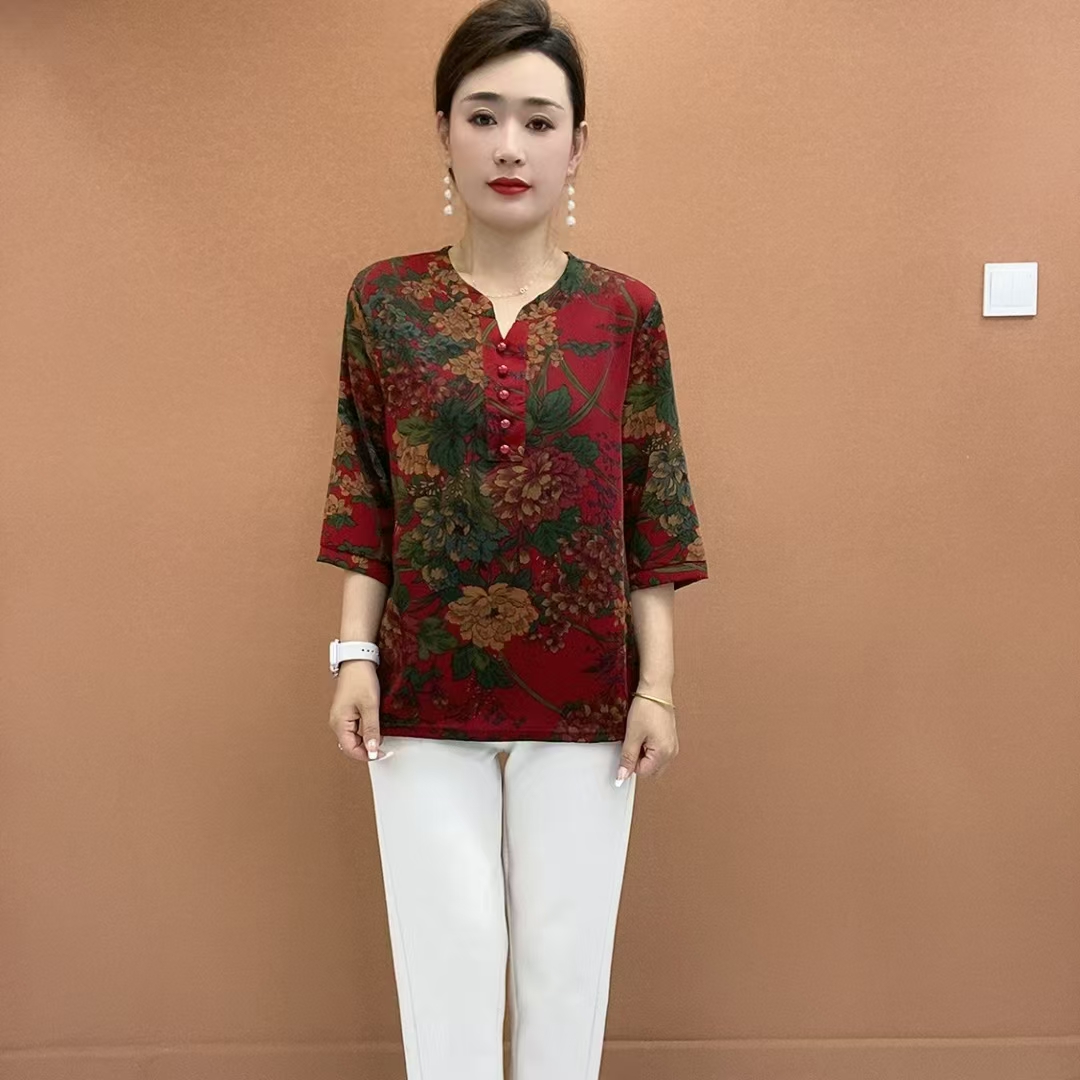 中老年妈妈装时尚洋气中袖T恤七分袖显瘦上衣