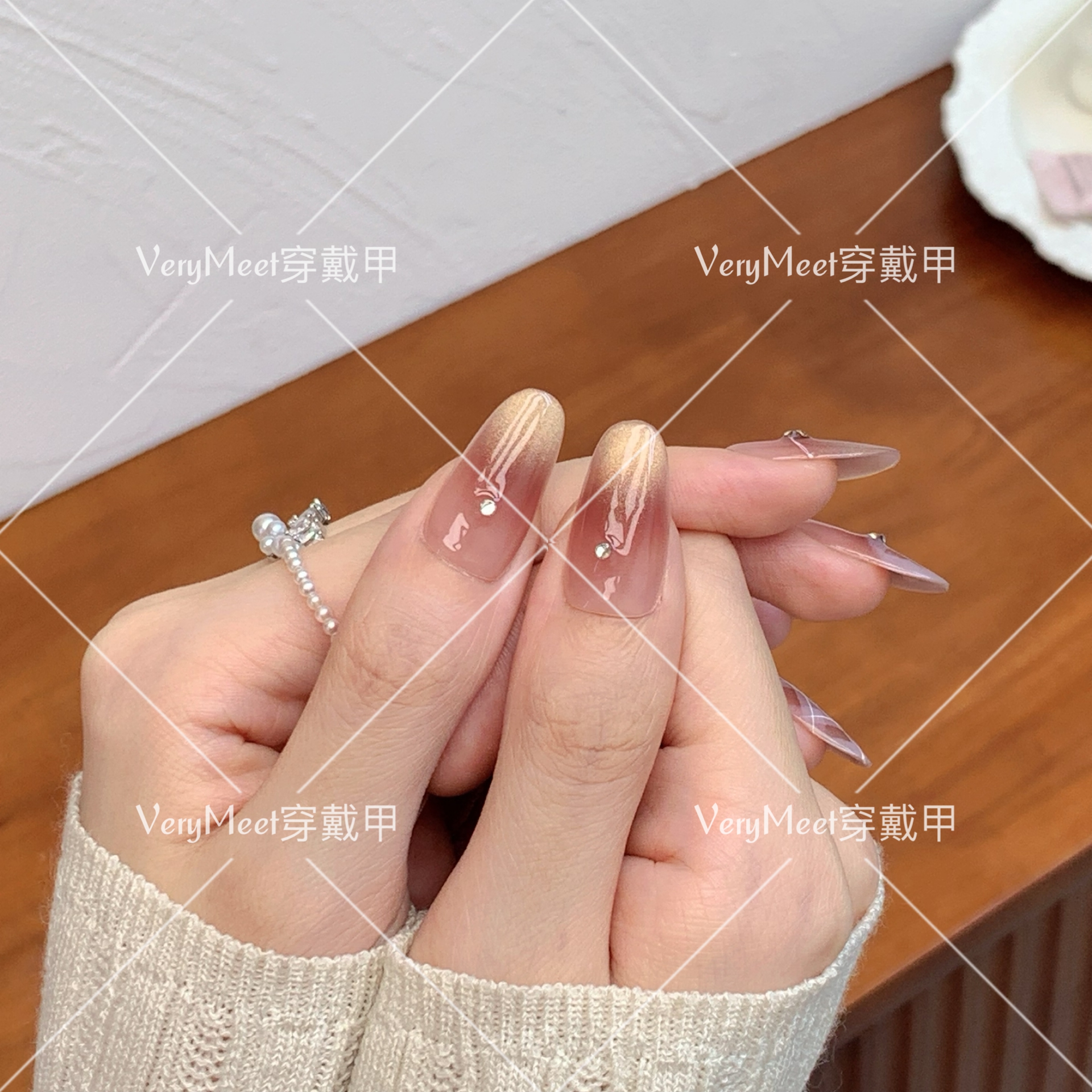 VERY MEET裸透猫眼腮红格纹蝴蝶结纯欲辣妹风长款显白美甲贴121