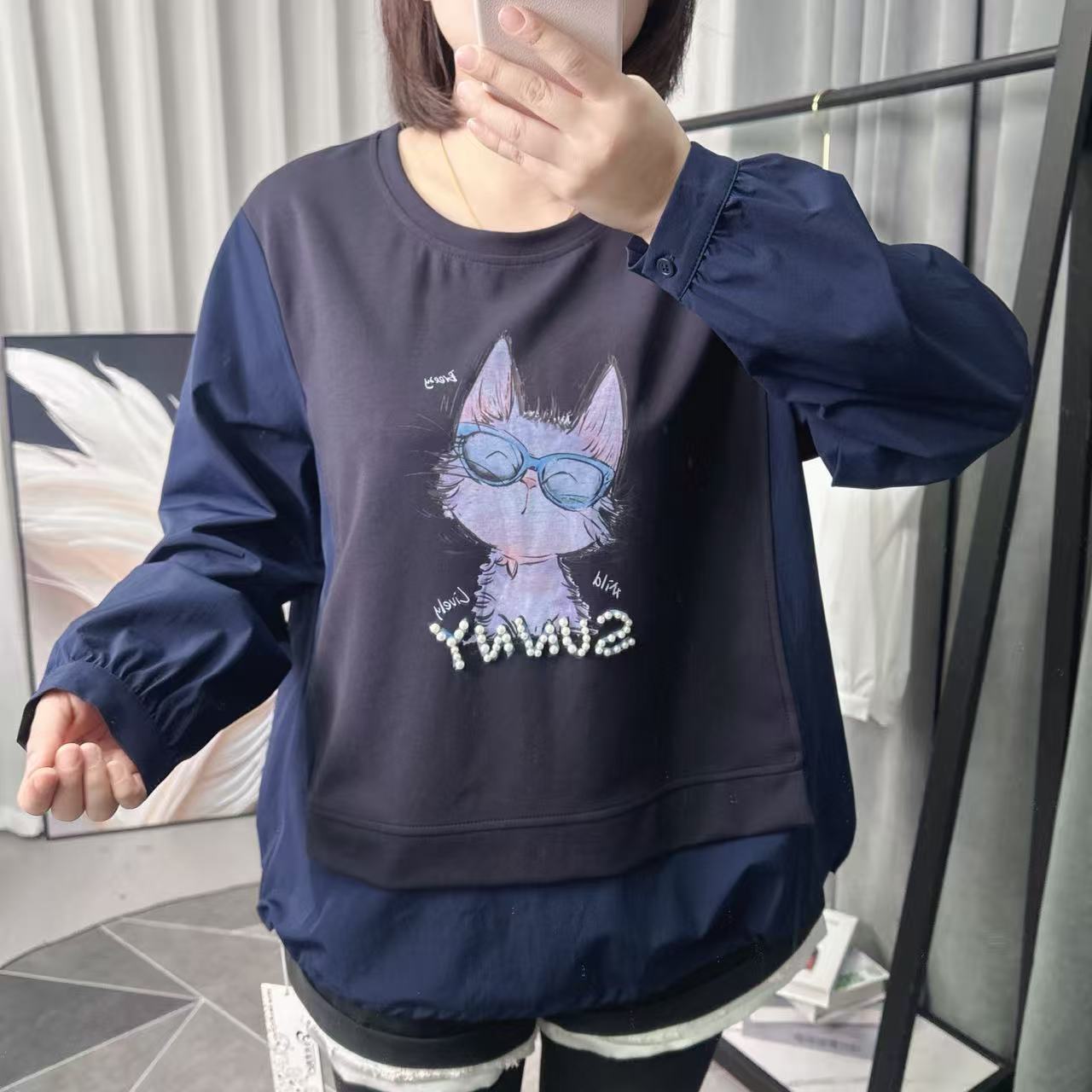 【女权贵族】26春季新款休闲风常规款潮流拼接假两件女士卫衣-21681