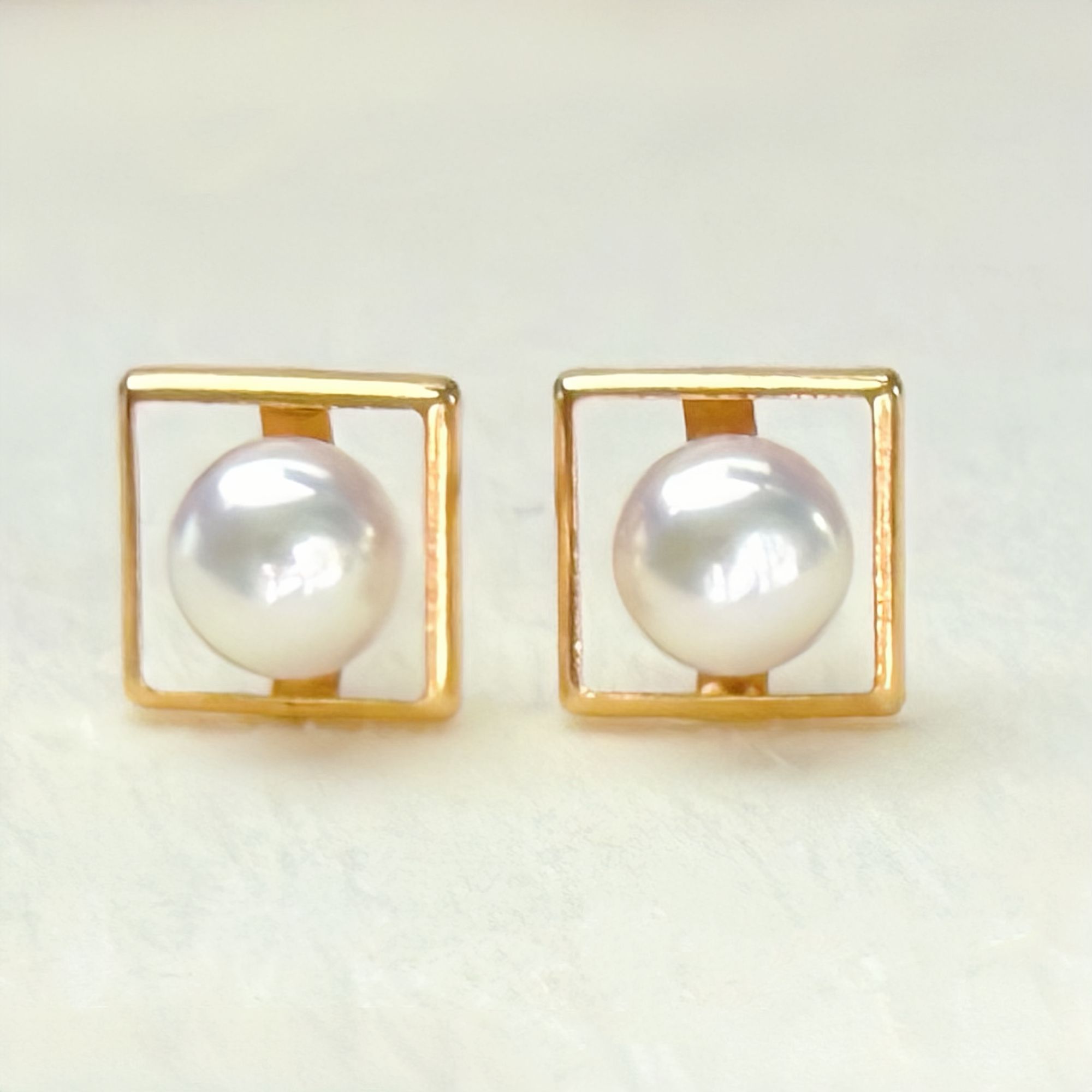 朕的珠 小方形厚金版 天女极珠光天然海水Akoya珍珠耳钉耳环18K金