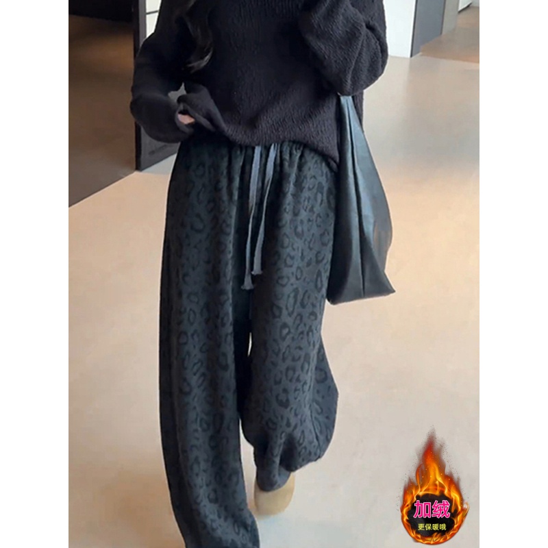 灰色豹纹休闲裤女款秋冬加绒加厚高腰显瘦大码流行网红阔腿裤子
