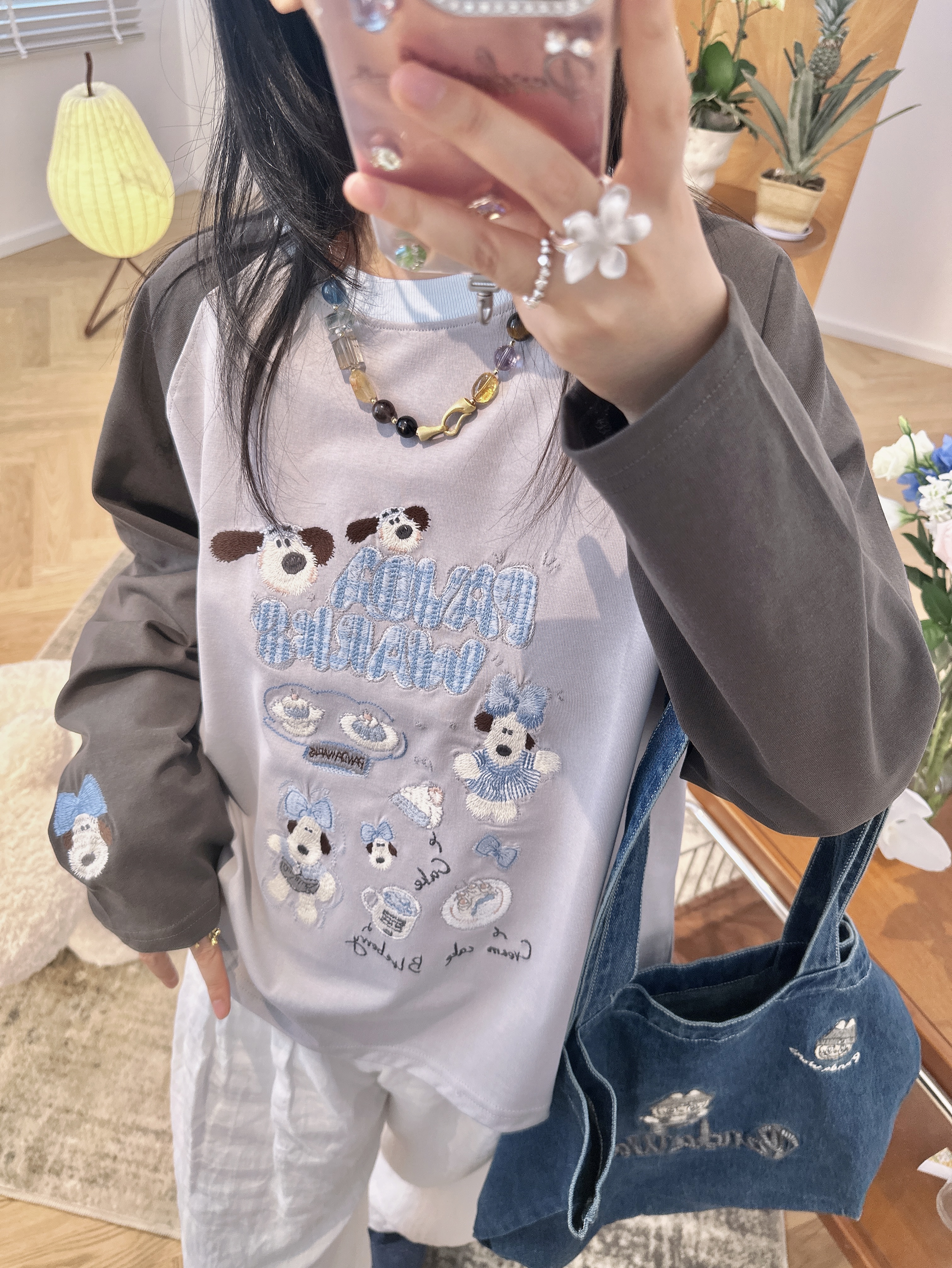 Pandawarks熊猫[冰薄荷Kitty]纯棉插肩袖重工刺绣长袖T恤25336