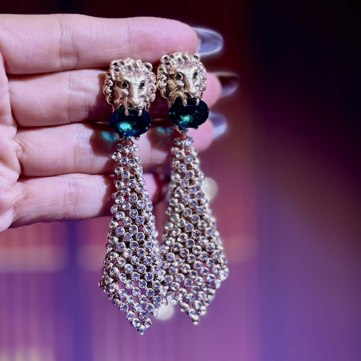 铜合金锆石耳饰 「金狮御姐」闪！中古夸张耳饰御姐长款镶钻亮片耳环