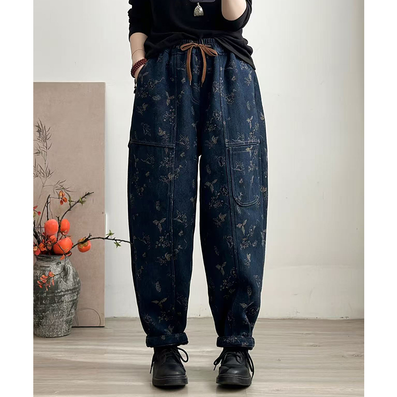 提花加绒加厚水洗牛仔裤女松紧腰显瘦百搭洋气减龄保暖哈伦裤冬款