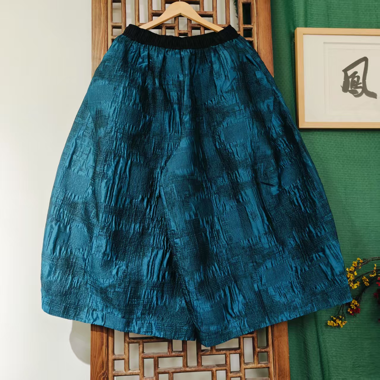 (LK040-20）凤徕兮私人定制蓝色提花全松紧花苞裤 黑腰边（单）