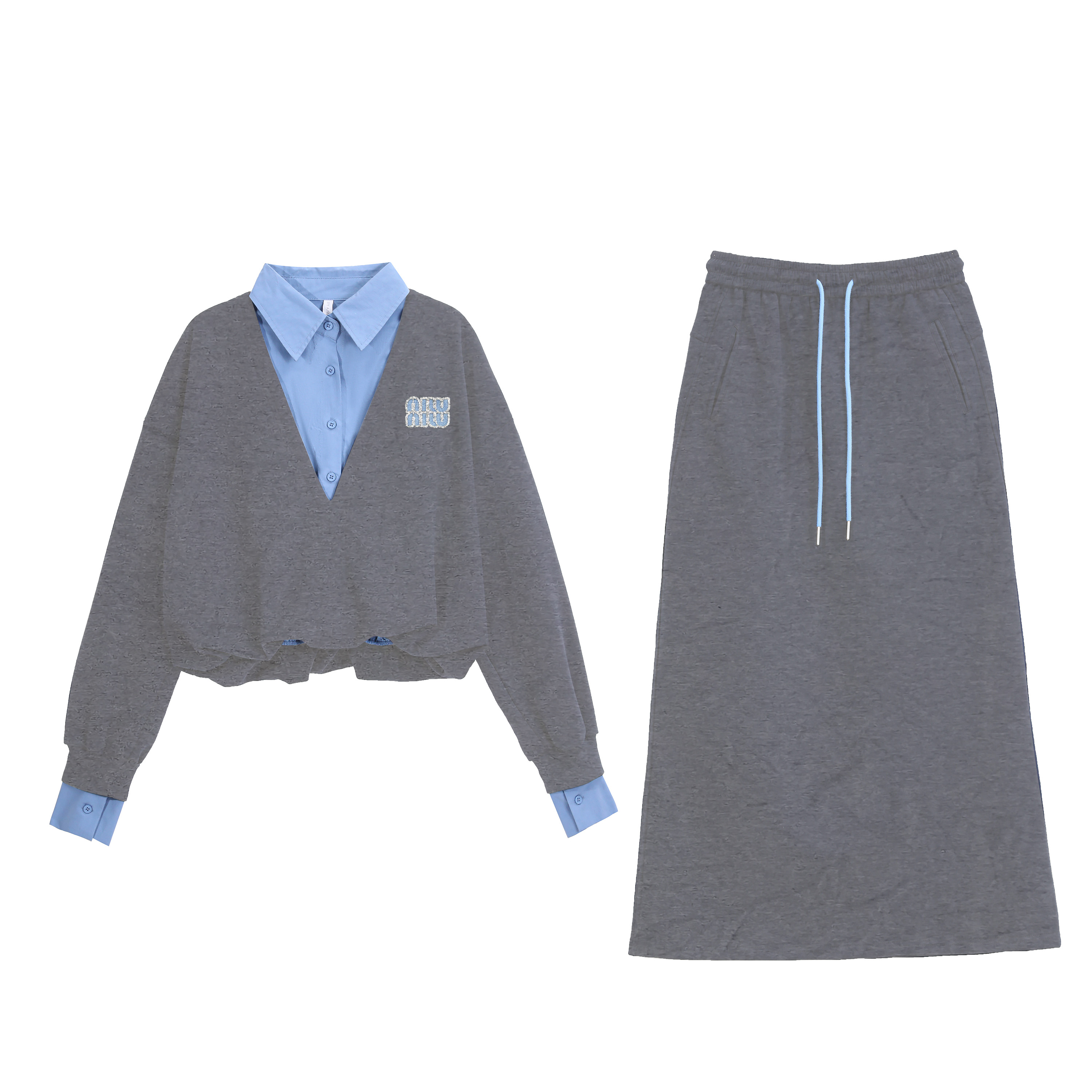 新款韩系假两件设计百搭显瘦慵懒风百搭宽松休闲半身裙套装F201#