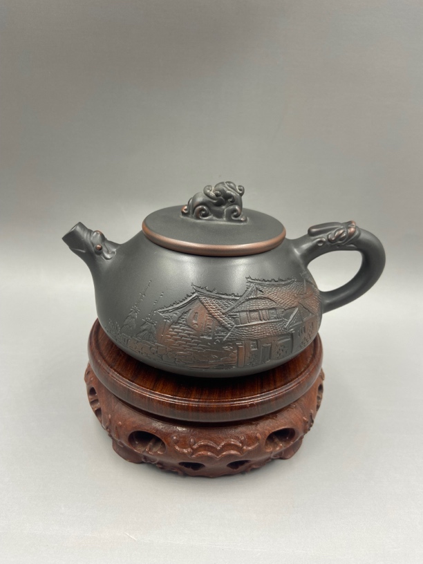 坭兴陶手工精品泡茶壶 不挑茶 石瓢壶 手工满雕刻楼阁 容量248cc