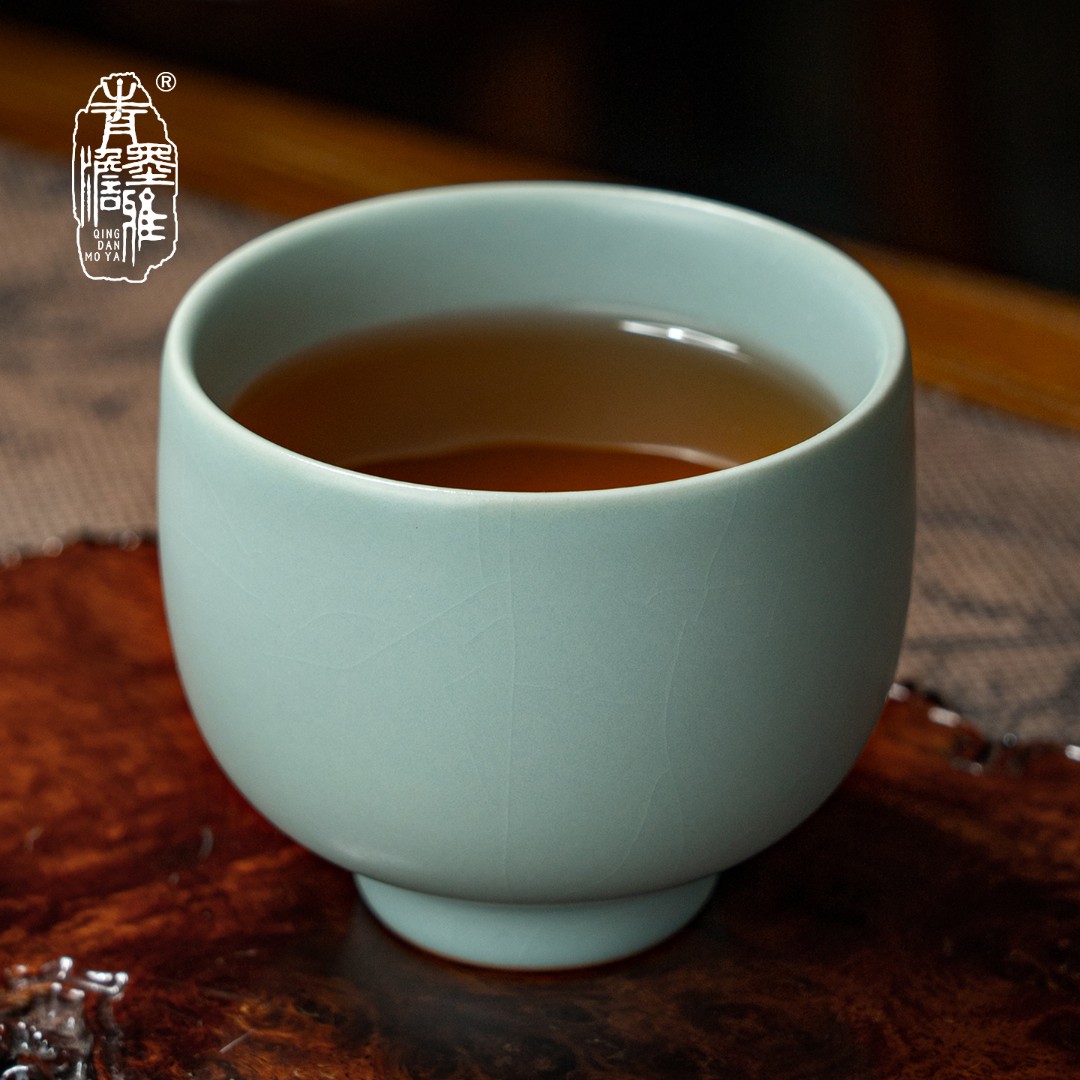 青澹墨雅汝窑空明杯手工主人杯景德镇陶瓷复古大茶杯青瓷中式礼品
