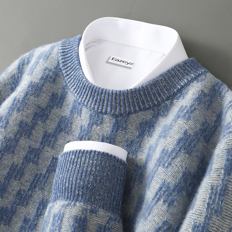 足够显瘦！纯羊绒衫男圆领宽松提花加厚毛衣商务休闲针织打底衫