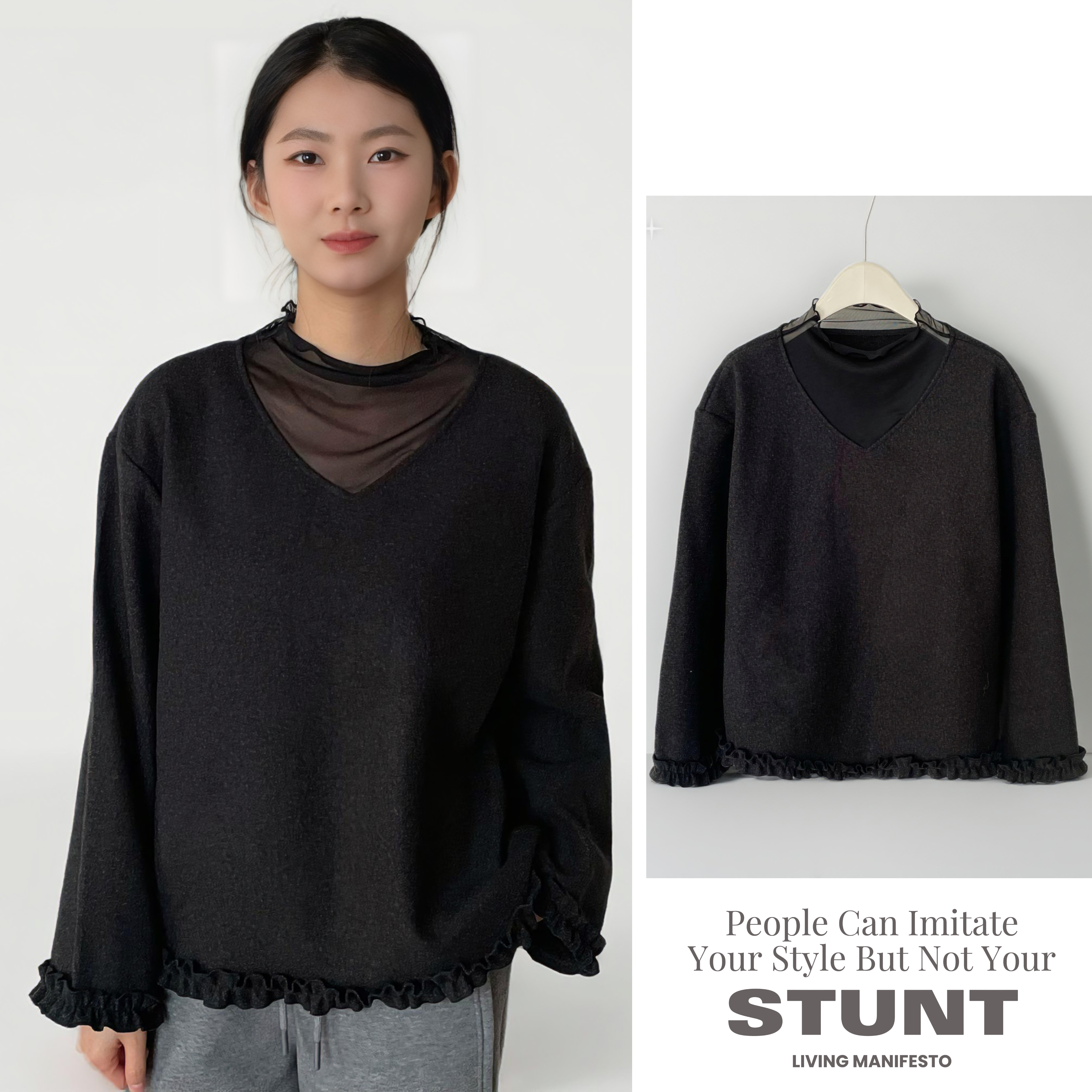 休闲风V领木耳边拼接蕾丝长袖保暖羊毛套头毛衣1900