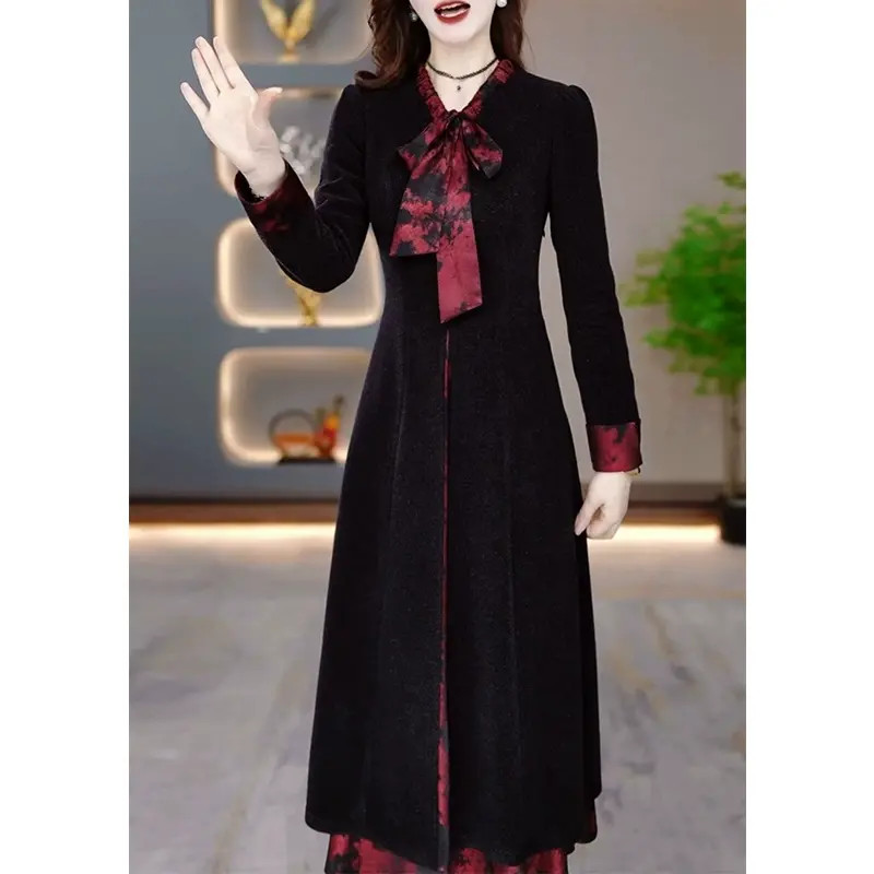 高端长袖连衣裙2025新款女春秋气质配大衣妈妈时尚高级感加厚裙子