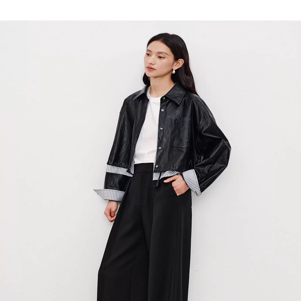 假两件皮衣女2025秋装新款设计感条纹拼接时尚短外套夹克潮