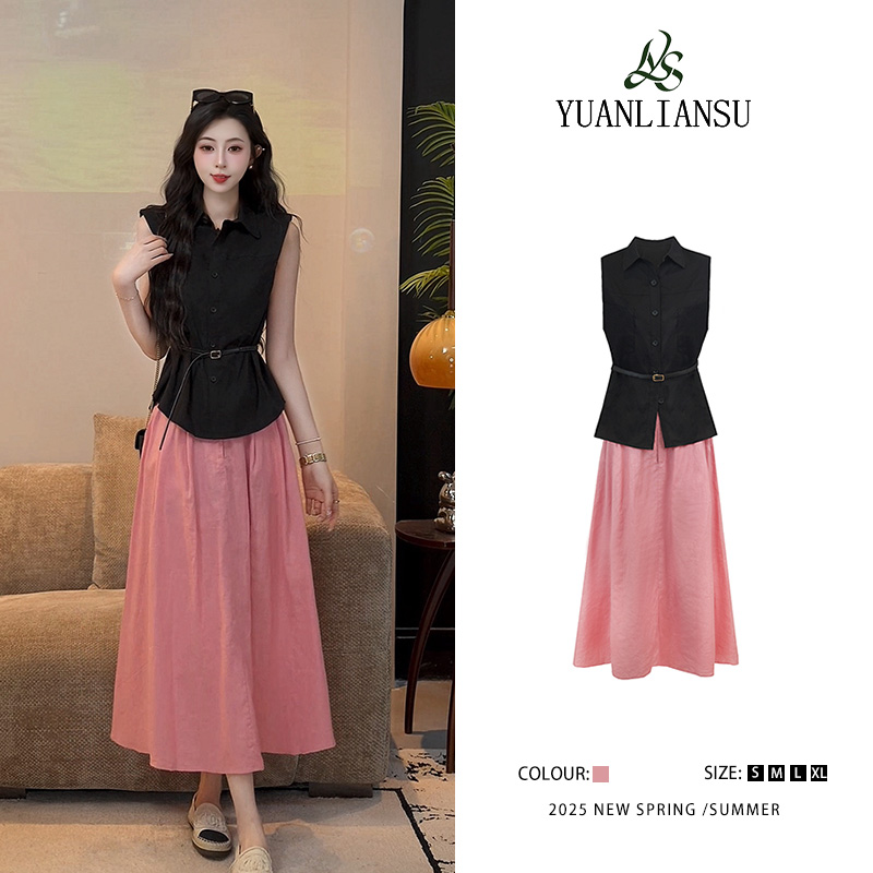 YUANLIANSU/圆脸酥【樱落小巷】法式气质黑色衬衫+高腰半身裙两件套
