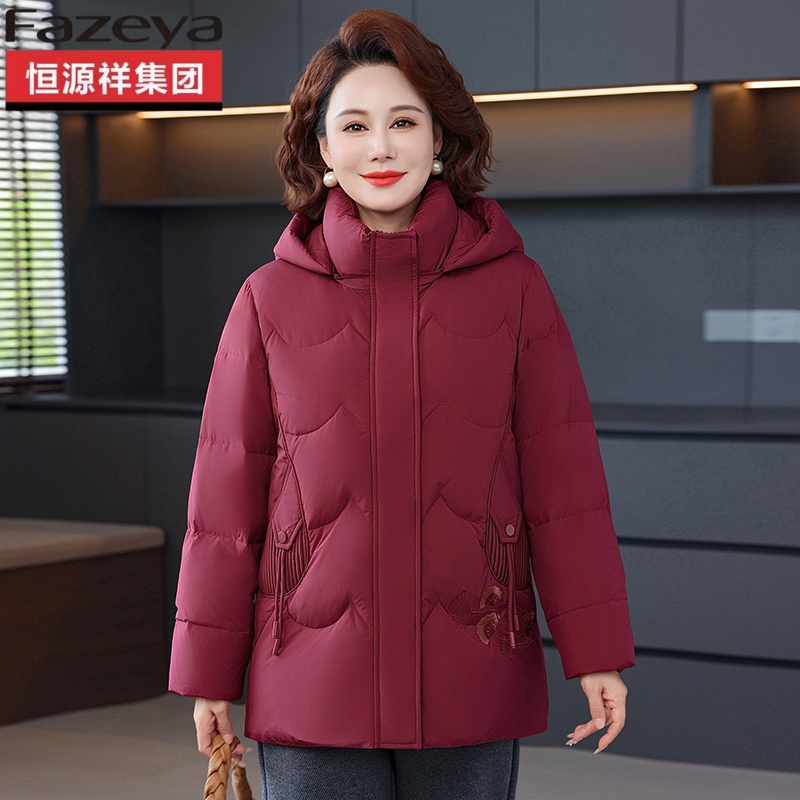 【恒源祥集团彩羊】银杏叶刺绣羽绒服中老年短款保暖洋气外套8501