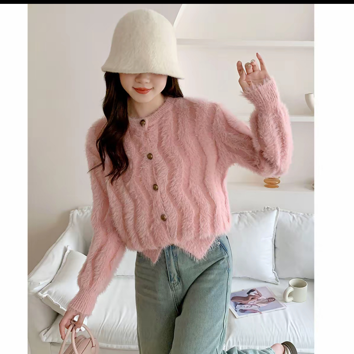 1568#衣长52圆领针织开衫女秋冬温柔风软糯短款毛衣外套