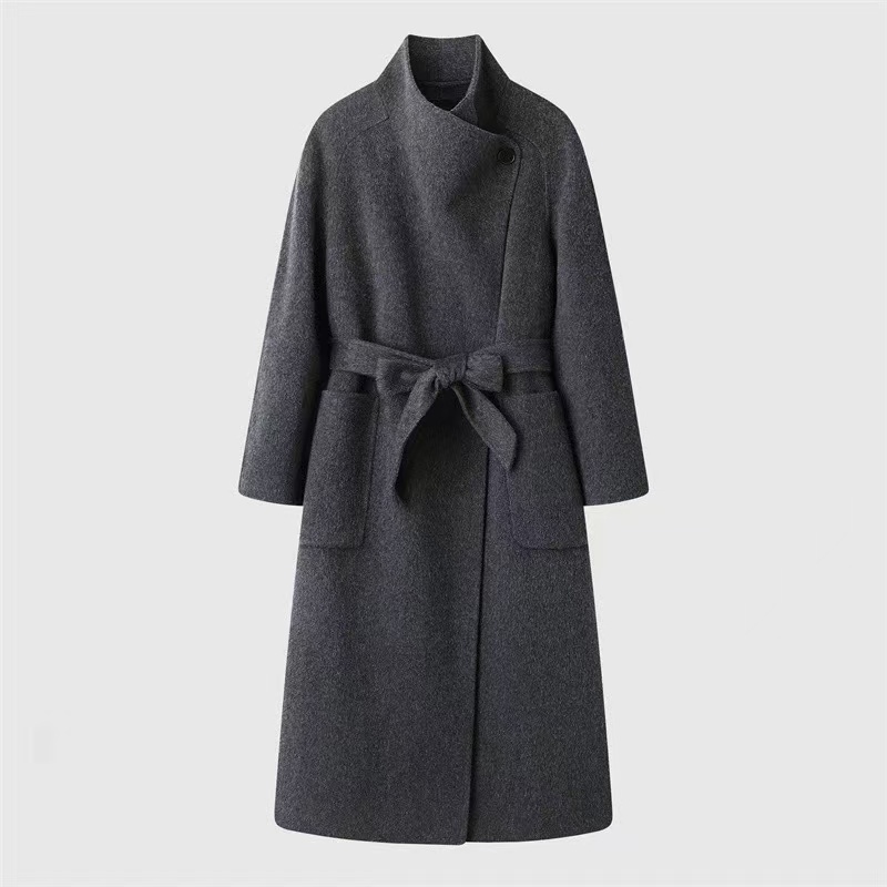 艾家长款毛呢外套腰带中长款双面羊毛大衣时尚百搭冬季41022355