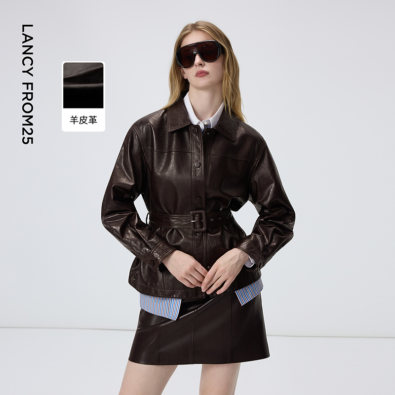 朗姿羊皮革翻领可收腰皮衣时尚干练百搭通勤上衣女2026年春季新款