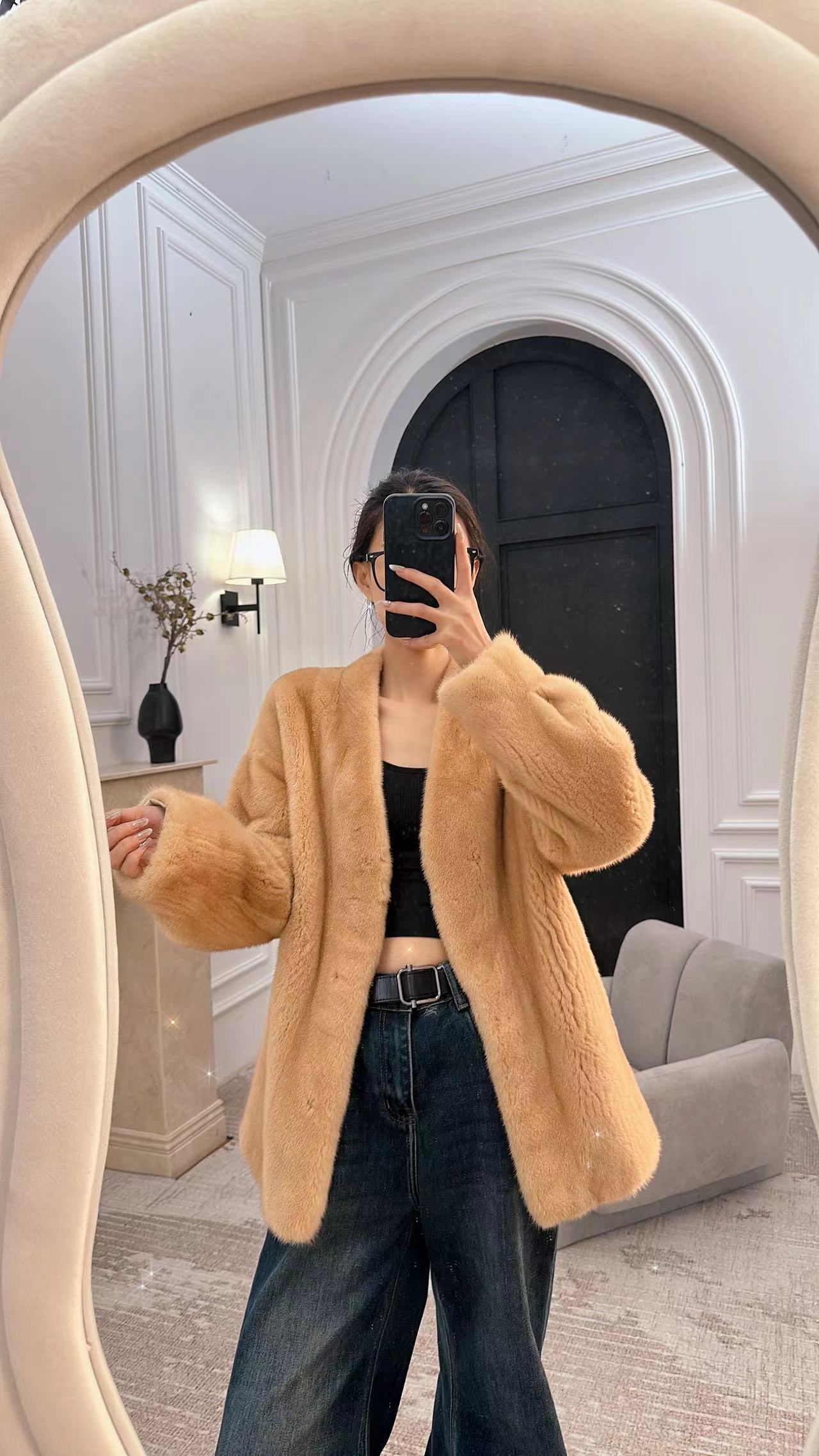 【shushu】WX243V领港风68CM轻奢时尚短款整貂天鹅绒气质百搭秋冬季