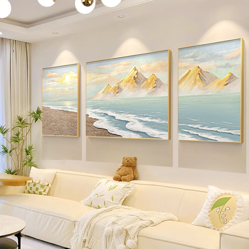 手绘客厅三联油画沙发墙《日照金山》抽象装饰画现代新中式大气画