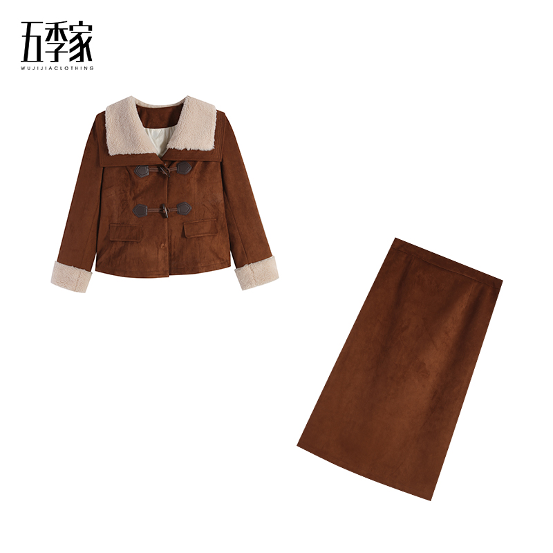 咖拼杏色羽绒上衣+咖色裙子两件套ZL113919短款冬季显瘦