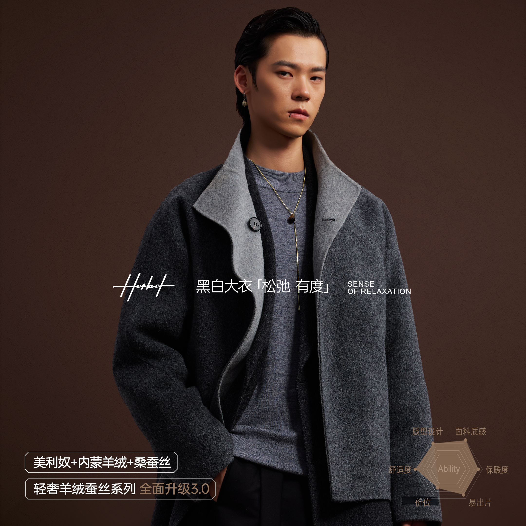 【余三火火】HERBEL黑白3.0版【双面穿】羊绒蚕丝绵羊毛轻奢毛呢大衣
