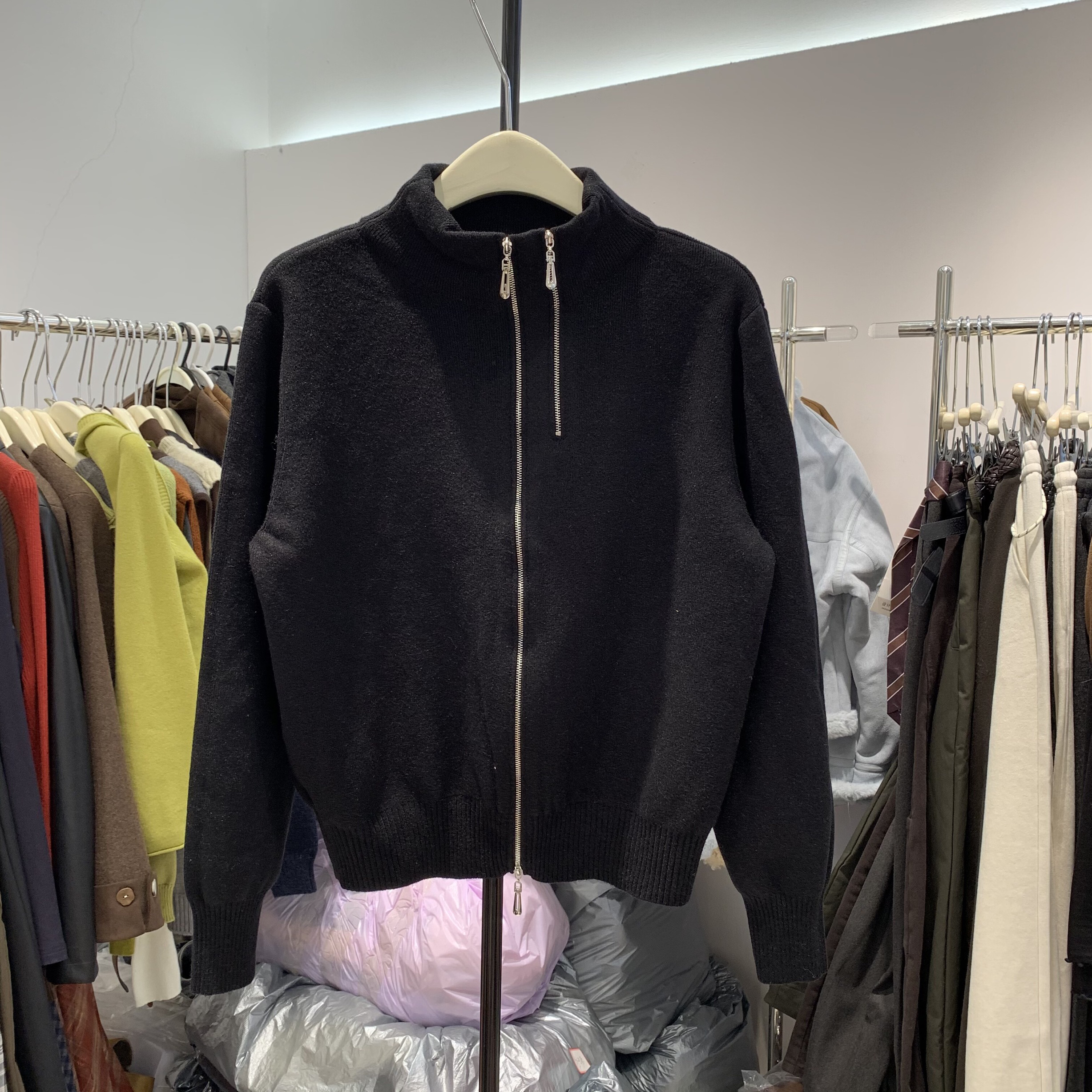 双拉链高领宽松针织开衫女秋冬时尚百搭显瘦长袖毛衣外套上衣