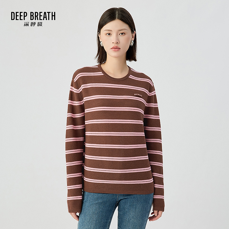 DEEP BREATH深呼吸圆领简约拼色条纹贴唛宽松长袖针织衫A301808-1