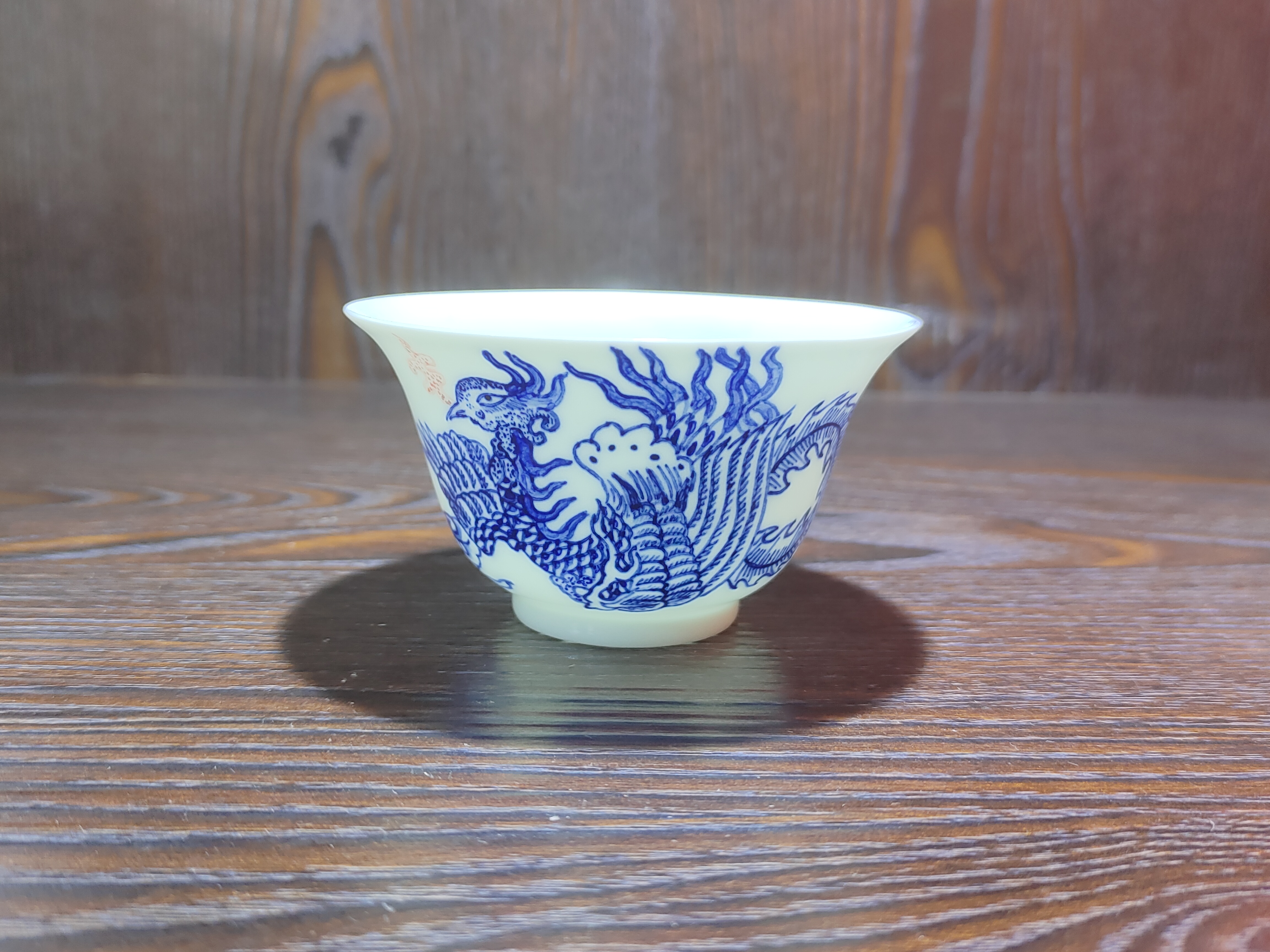 纯滑石子青花凤纹主人杯手绘纯手工陶瓷茶杯斗笠杯品茗杯茶具