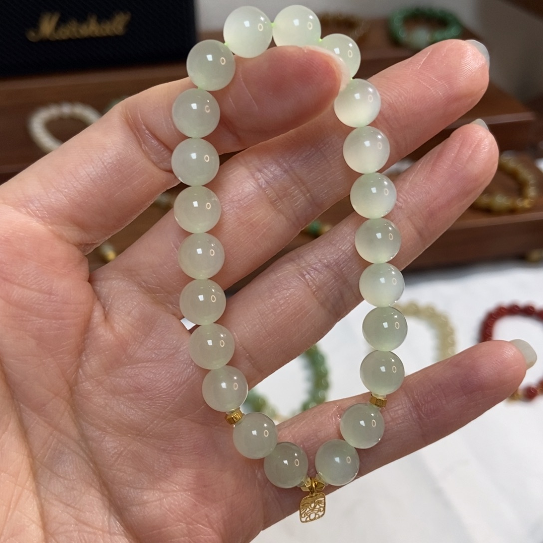 和田玉18K金镶嵌手链8mm高冰猫浅晴精品