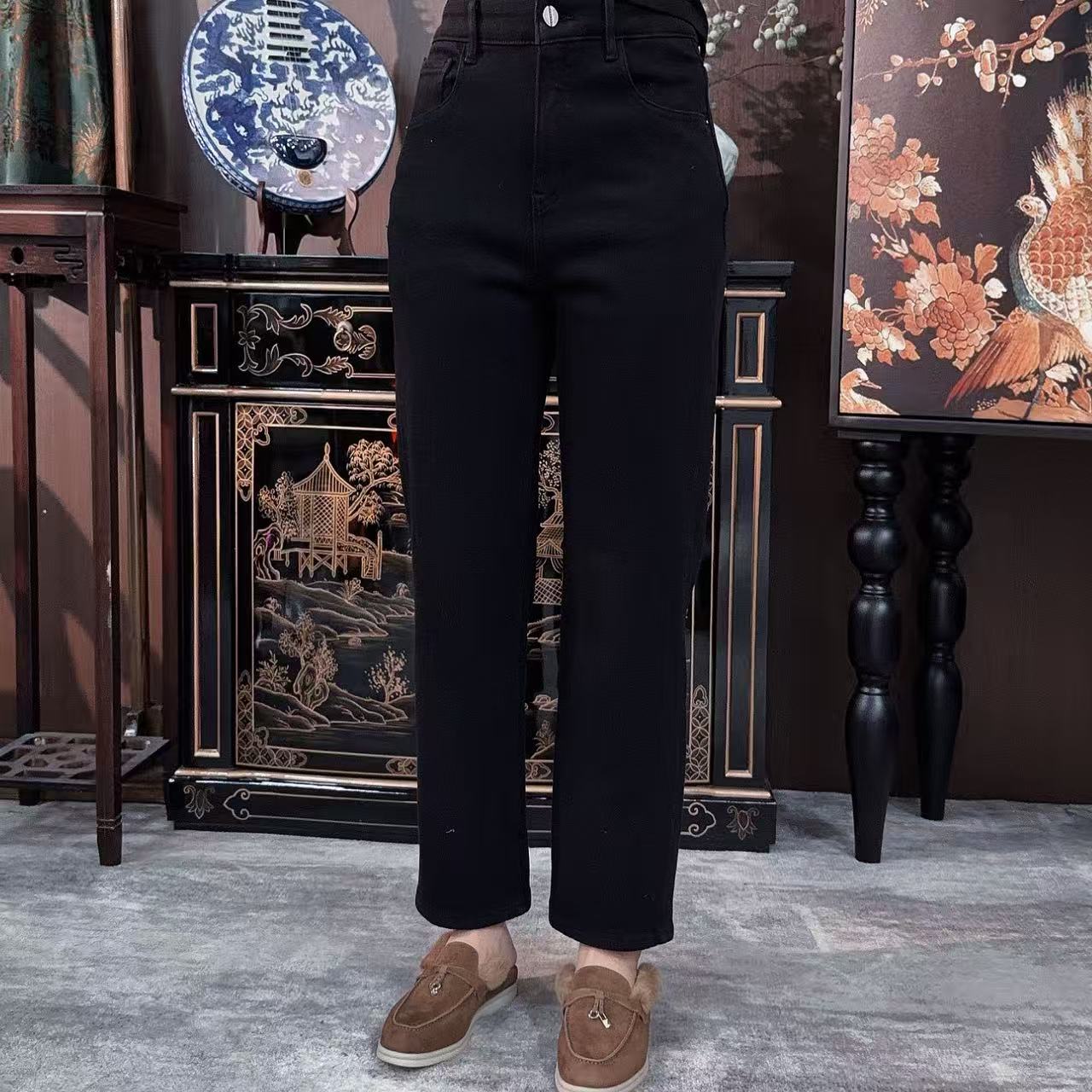 Betty Bairn【明月归】秋冬显瘦百搭复古黑宽松直筒牛仔裤A6273