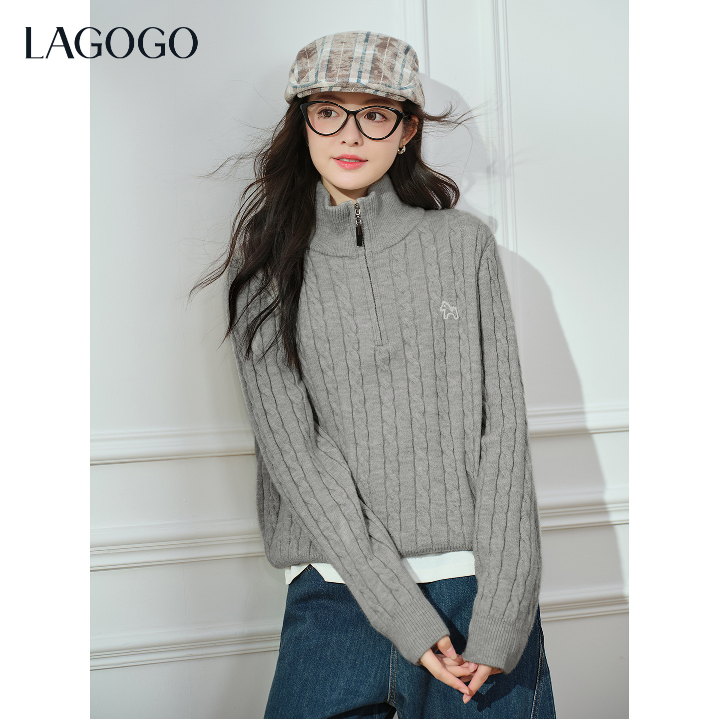 【芋总专属】lagogo新款miu系高知灰色绞花针织女OCMM41XGJ4