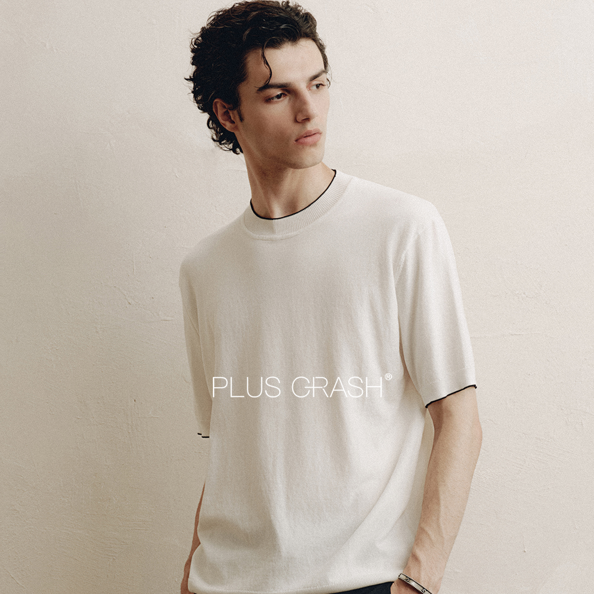 PLUS CRASH夏季新款莱赛尔短袖百搭男士针织半袖高智老钱风男装