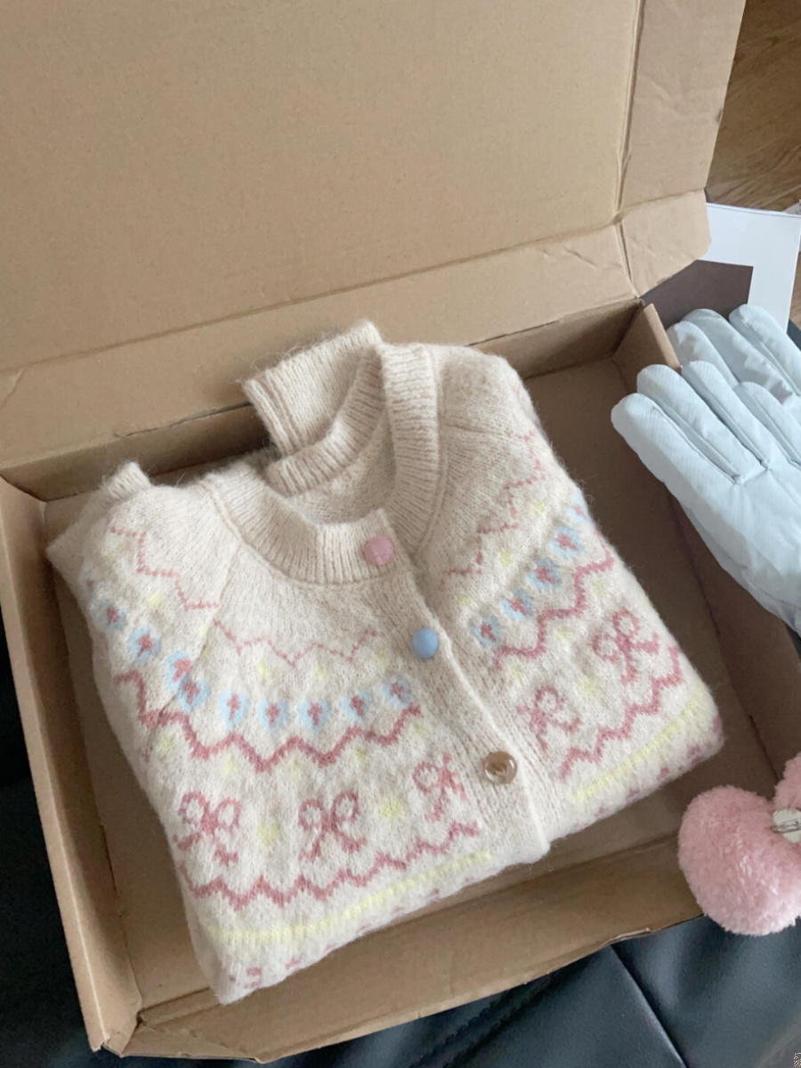 韩版撞色提花针织开衫女宽松短款慵懒风外搭上衣秋冬新款毛衣外套