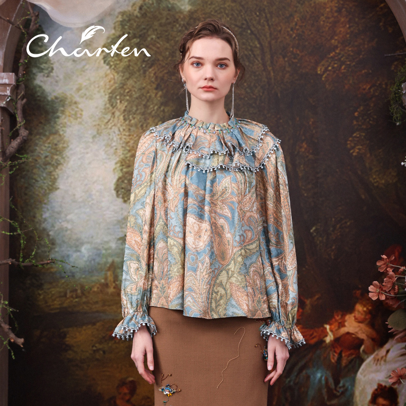 【媛媛专享】朝峰复古宽松印花不规则双层领衬衣女CFC3D081-679T