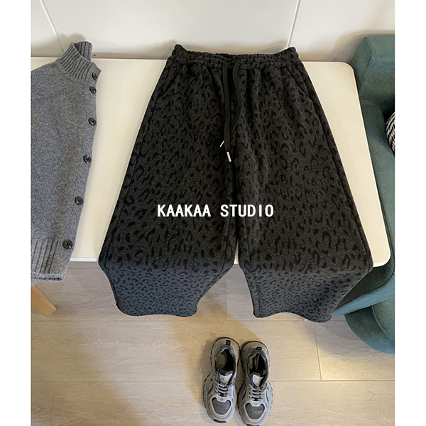 REKAYYAT”豹纹裤“桑蚕丝羊毛韩系休闲时尚百搭慵懒感加绒直筒裤