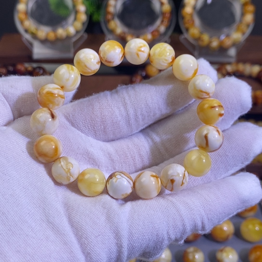 华***子琥珀未镶嵌裸石天然沁色蜜蜡手串11➕mm