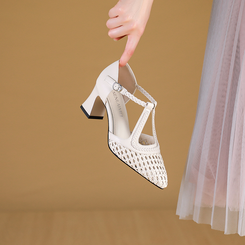 SLM高定/夏季编织/牛皮/34-41/9303新款气质粗跟尖头扣带镂空凉鞋
