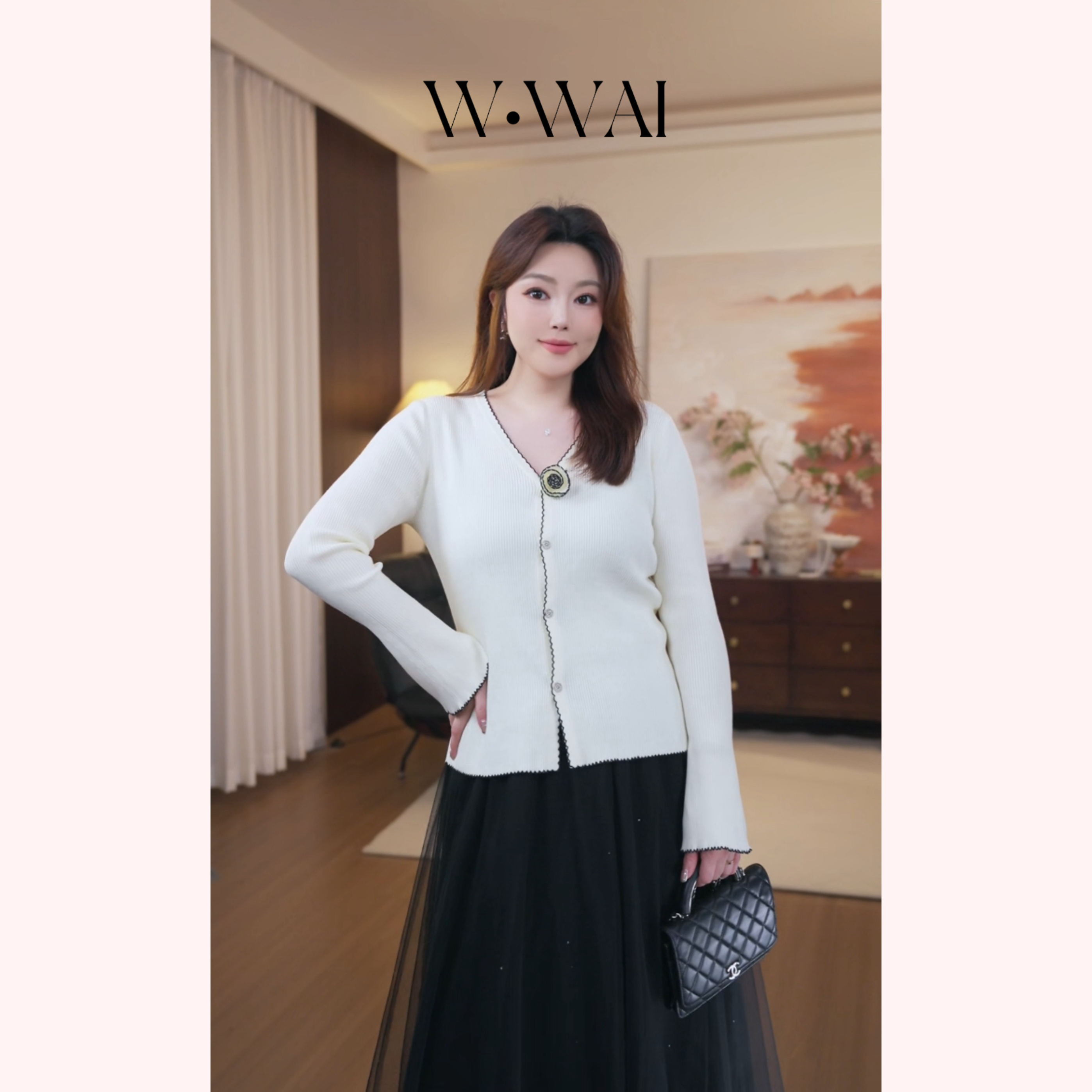 【油画织花】显瘦法式V领撞色边花朵针织上衣 SQ53Z073