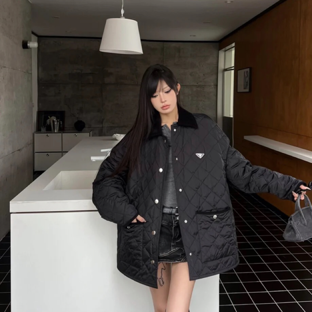 99新 Prada/普拉达 黑色 三角标 菱形格 棉衣 36码