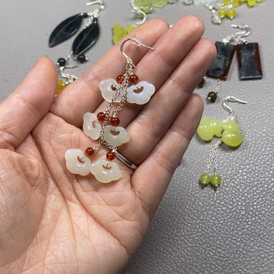 蛇纹石玉银S925镶嵌挂件耳饰耳环首饰