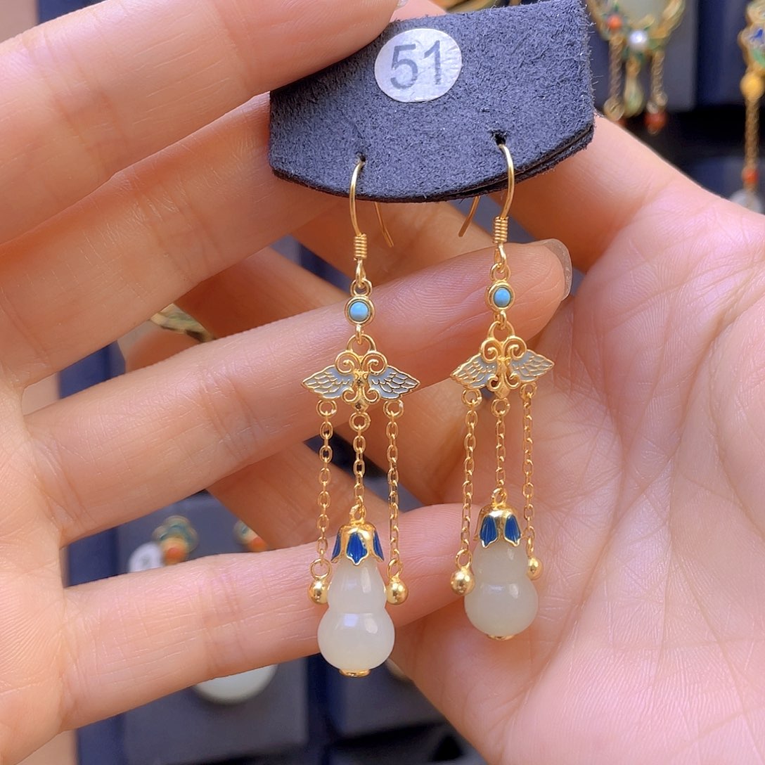 和田玉耳饰银S925镀金镶嵌