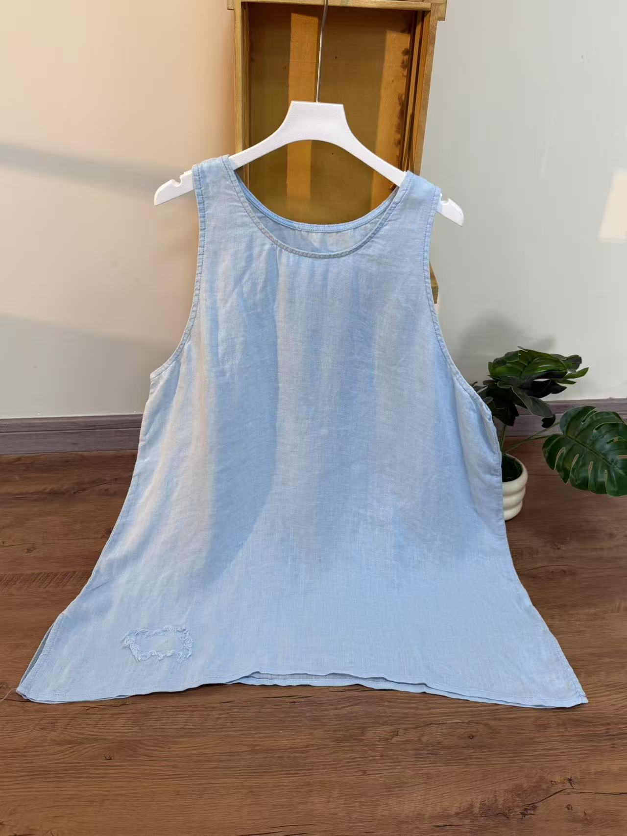 【云目悠悠】夏新款纯汉麻纯色磨毛拼接女士背心-2025713