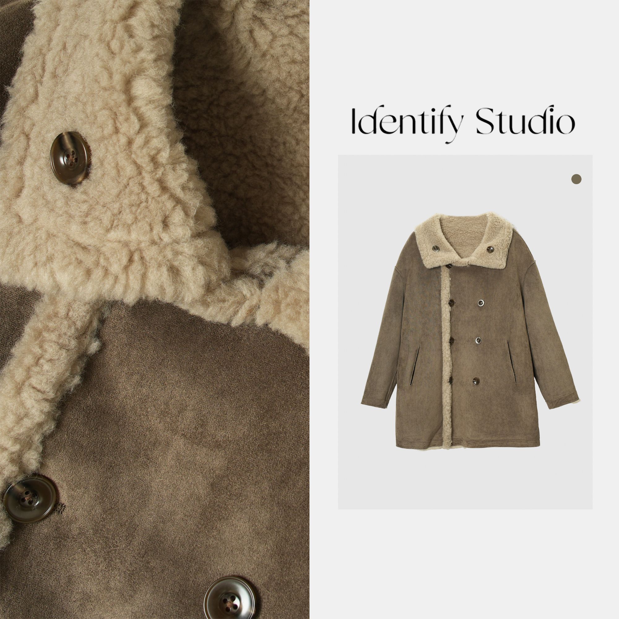 IDENTIFY冬季毛翻领修身双排扣纯色气质外套上衣25AW