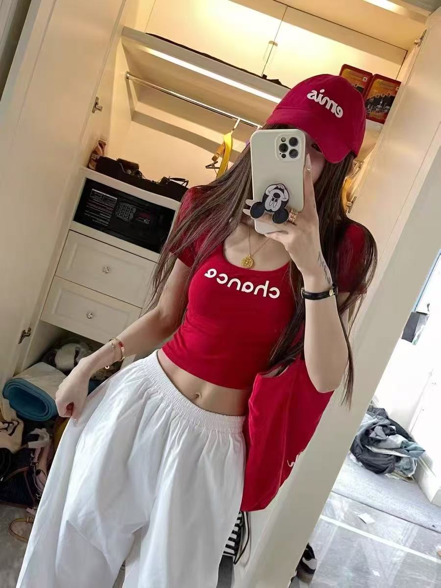 2025夏季韩版洋气 U领印花字母后背镂空设计款修身显瘦百搭简约款