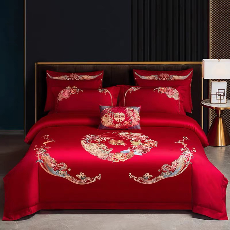 高档婚庆大红色磨毛刺绣床品件套床上用品